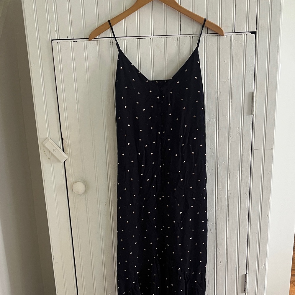 FARROW Dress with Mini Hearts & Petite Buttons. Open Back, Longer Length in Back